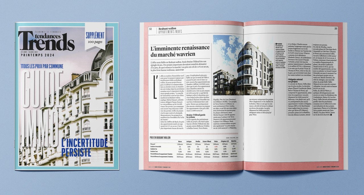  Le magazine Trends du mois d'avril a mis en lumière notre futur projet immobilier à Wavre !